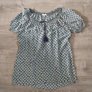 Joie Elephant Print Silk Blouse - Blue & Green - Small - Smocked Neckline